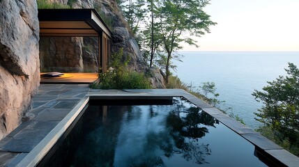 Hidden cliffside retreat with a silent reflective pool