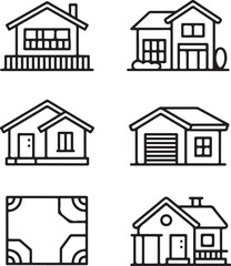 Fototapeta premium Property Types Line Icon Pack – Condo, Townhouse, Office Building, Duplex, Garage, Land Plot, and Farmhouse