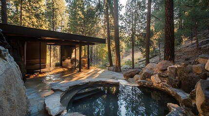 Hidden hot spring retreat surrounded by pine trees