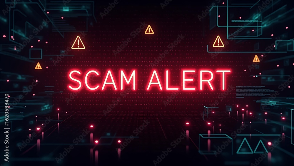 Poster a digital representation of a 'scam alert' message with glowing red text in a dark, high-tech enviro