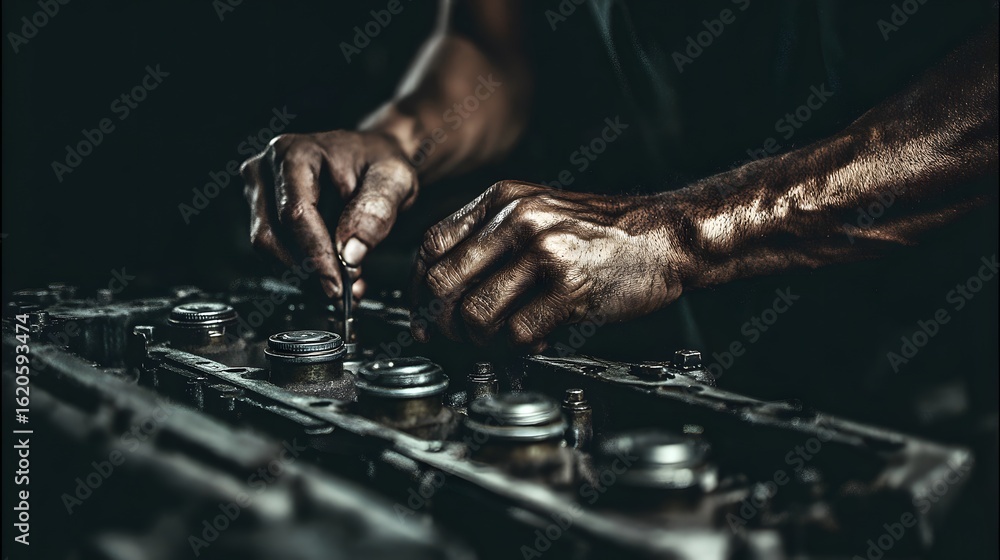 Poster close-up view of hands working on a mechanical engine part.