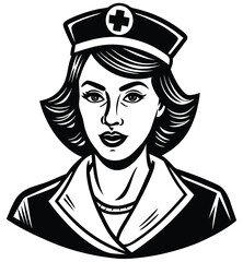 Elegant black and white vector portrait of a young woman's face with a hat, showcasing her eyes, lips, and hair with glamour