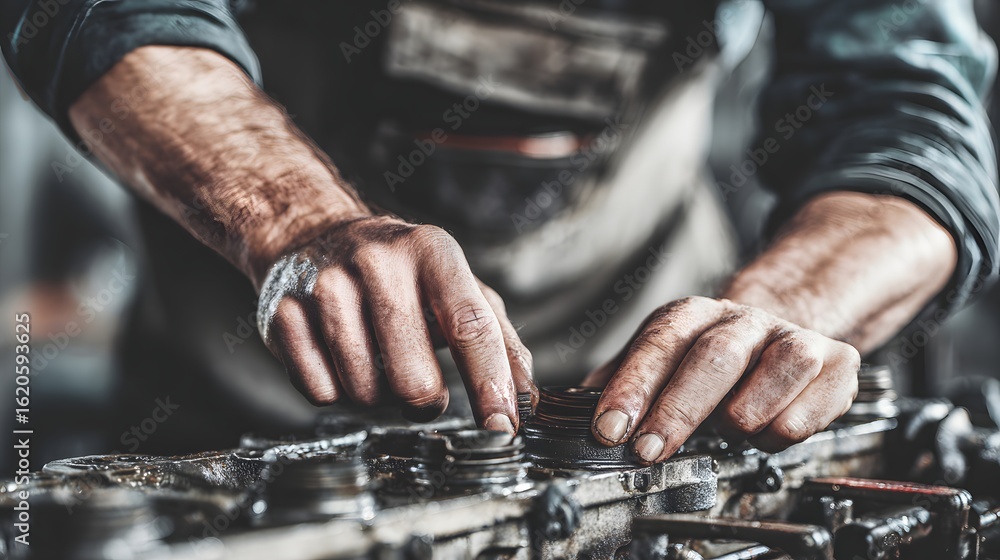 Poster close-up view of dirty hands inspecting a machine part.