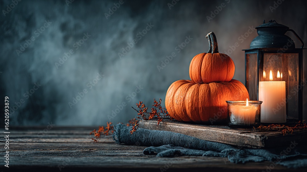 Poster stacked pumpkins with glowing candles and lantern on rustic wooden table against a moody dark backgr