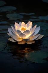 Close up of a water lily on dark water