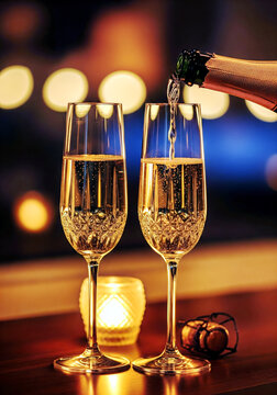 Sparkling champagne being poured from champagne bottle into elegant glasses on colorful blurred multicolored background with bokeh in night club. AI-Generated