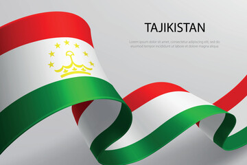 Tajikistan Flag Waving Ribbon Design on Light Background