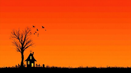 Naklejka premium Silhouette of a haunted house with glowing windows, bare tree, and flying birds against a bold orange gradient sky in a spooky Halloween scene