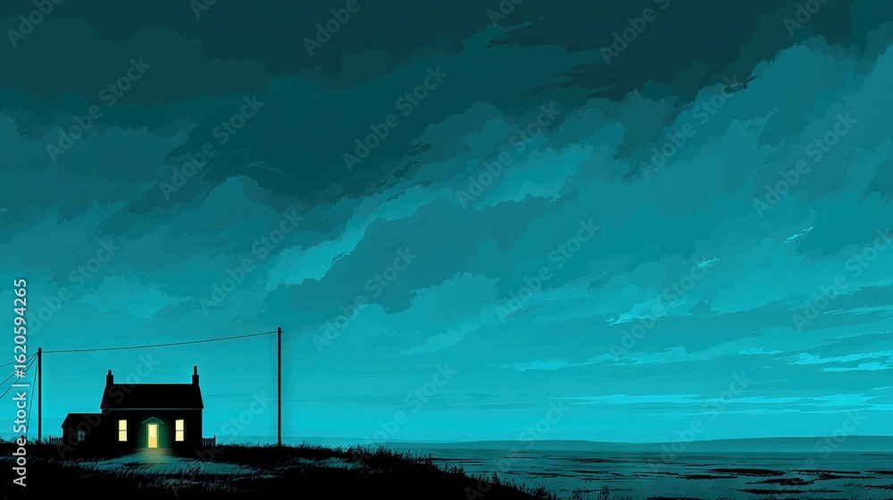 Poster isolated house with glowing windows under dramatic teal evening sky on a remote landscape creating a