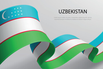 Uzbekistan Flag Waving Ribbon Design on Light Background