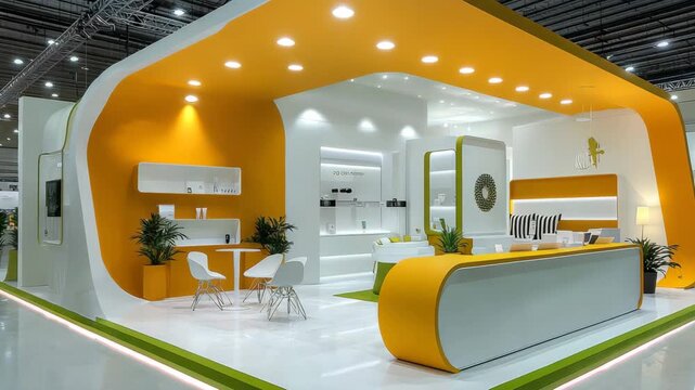 Modern exhibition booth with bright yellow and white design featuring a reception desk and seating area
