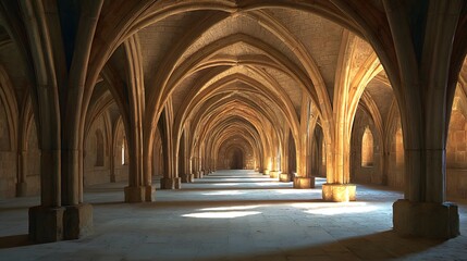 Long, arched passageway in a historical building.