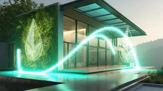 Modernes nachhaltiges Haus mit Solardach und animierten Energiesymbolen. K&uuml;nstliche Intelligenz KI