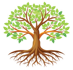 Abstract eco-friendly tree illustration with roots, branches, and vibrant leaves, symbolizing nature's growth and the cycle of seasons