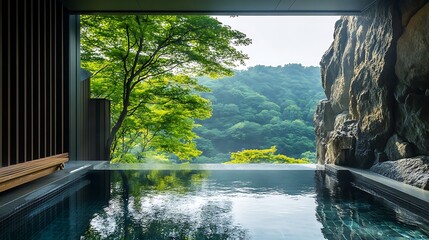Lush vines draping over a secluded cliffside onsen