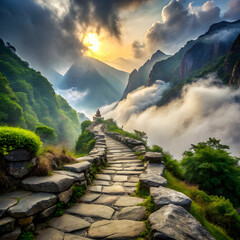 Stone path leading to mountain summit ancient stone path