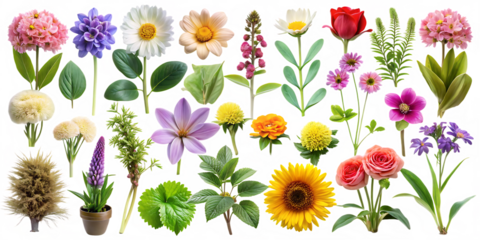 a set of images of flowers and plants isolated on white background PNG.AI Generated.