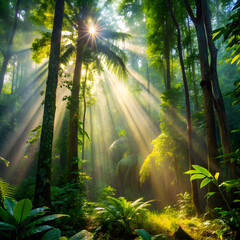 Sunbeams piercing lush green forest canopy sunlight