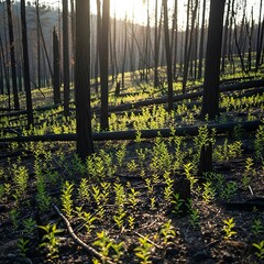 New green shoots emerge from the forest floor after a wildfire