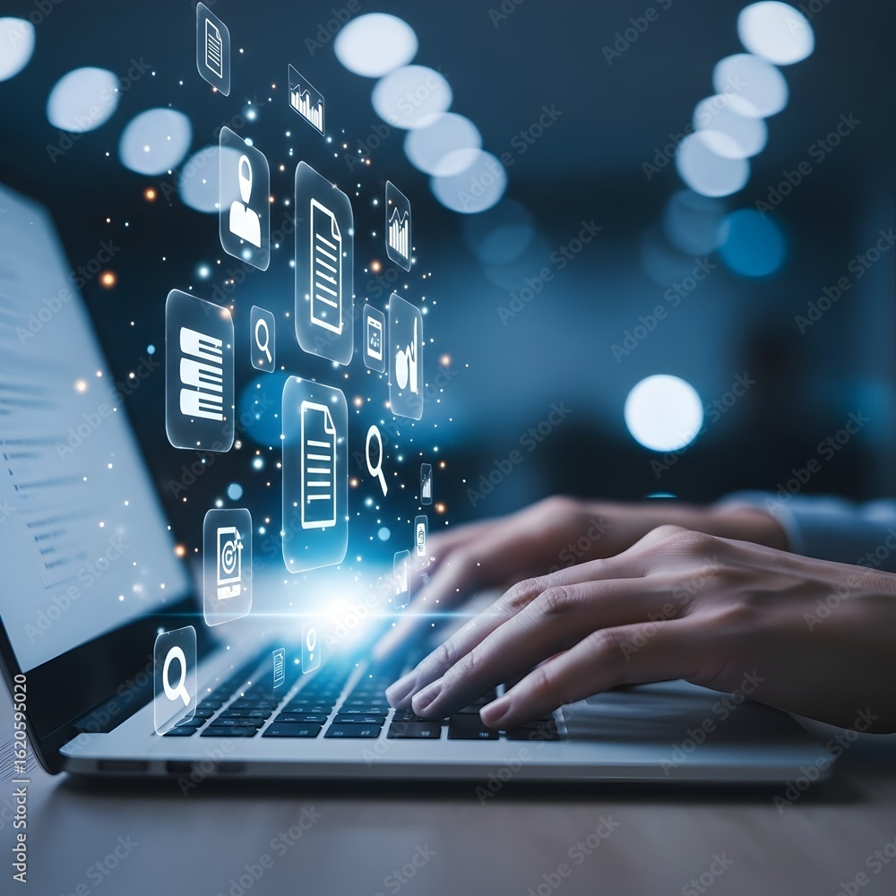 Poster hands typing on a laptop with glowing digital icons and data streams emerging from the screen