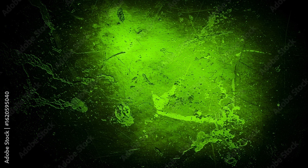 Poster a vivid green grunge background with dark edges and splattered texture creating a distressed effect 