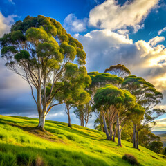 Verdant trees on sunlit grassy hill green