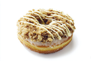 a doughnut with a crumb topping on a white surface