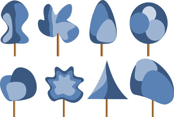 Vector trees in calming blue tones with clean shapes. Perfect for winter themes, kids’ illustrations, modern nature designs, and cool-toned graphic projects.