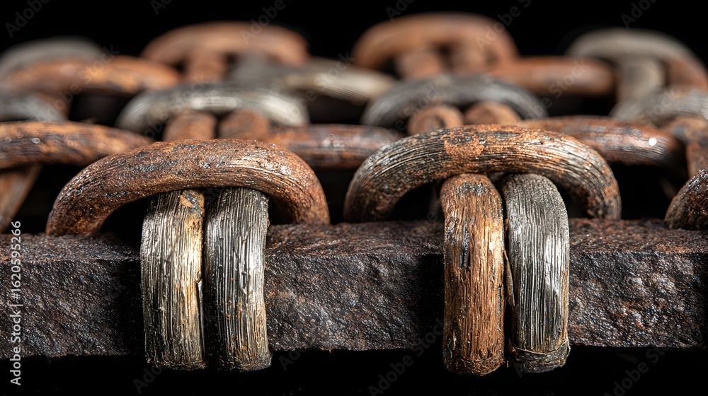 Poster close-up view of intricate rusted metalwork.