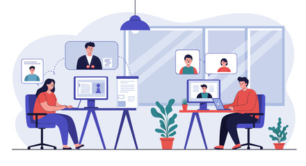 Fototapeta premium People Engaging in Video Conference Meeting Illustration.