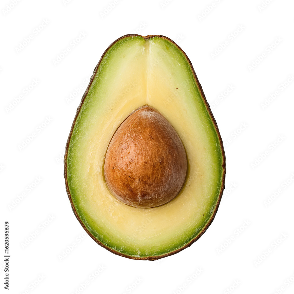 Poster isolated avocado half showcasing seed with soft texture and vibrant colors on a smooth display
