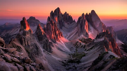 Fototapeta premium A view of jagged mountain peaks illuminated by the warm light of sunset with a colorful sky above them