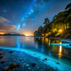 Bioluminescent ocean water under starry sky night stars