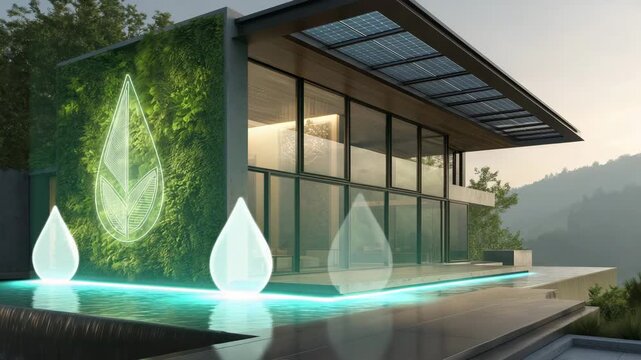 Modernes nachhaltiges Haus mit Solardach und animierten Energiesymbolen. K&uuml;nstliche Intelligenz KI