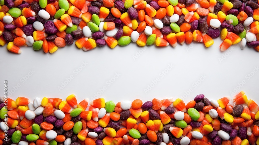 Aufkleber rows of assorted colorful halloween candies forming borders on a smooth white background creating a 