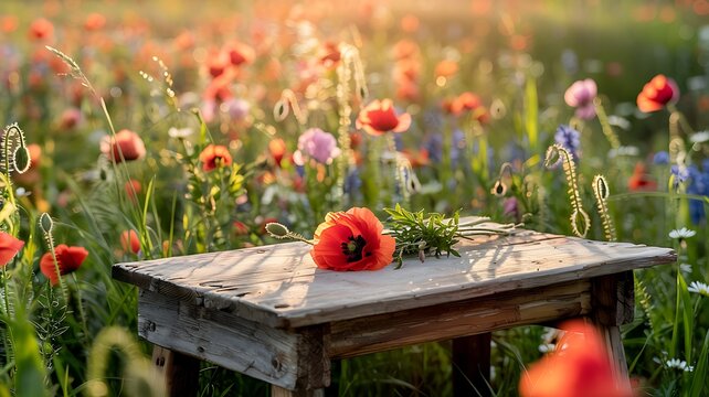 A rustic wooden table with red poppies and wildflowers in a sunlit meadow in the countryside scenery