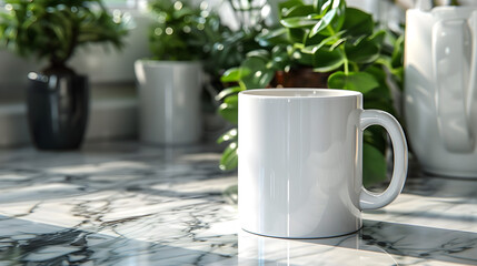 White Ceramic Mug Mockup on Marble Background, in high resolution clean minimal style stock photo illustration background image ideal for templates advertisements and web banners showcasing modern aes