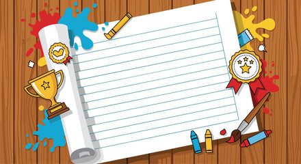 Creative art supplies and awards representing educational achievement and artistic expression on a wooden surface