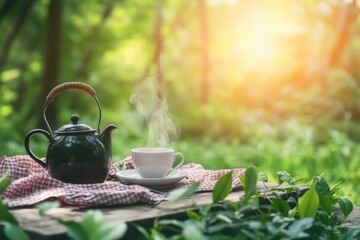 A vintage teapot pouring hot tea into a cup, set on a picnic setup within a tea plantation, with copy space. Soft cozy lighting. Nature escape background. 