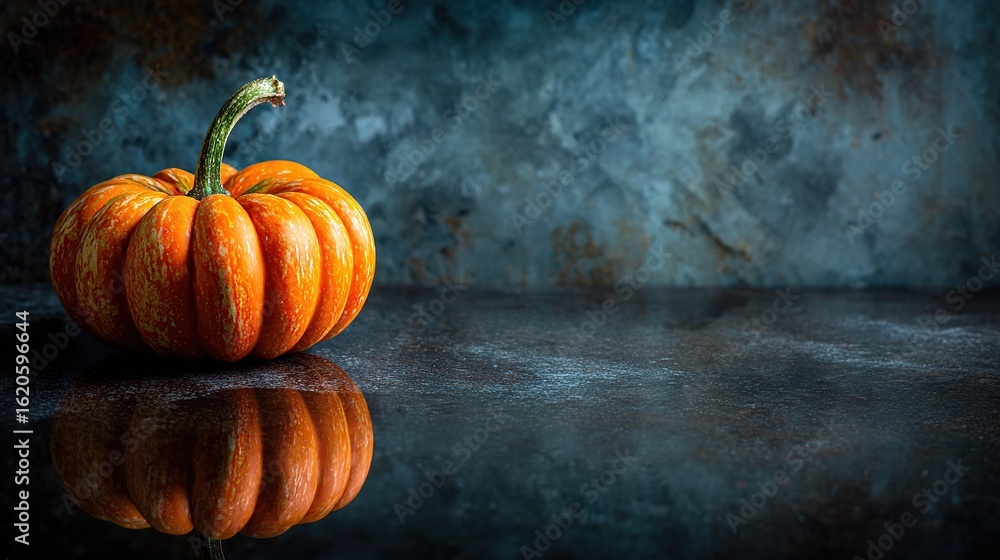 Poster single rustic pumpkin with textured surface reflecting on a dark glossy table against a moody blue a