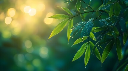 Glistening water drops on vibrant bamboo leaves