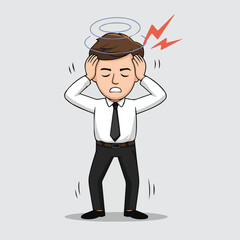 Cartoon man in suit with head in hands experiencing dizziness and lightning bolts near his head and motion