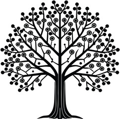 Black and white vector tree silhouette with branches and leaves illustration