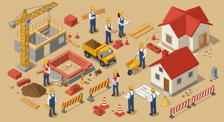 Isometric Urban Development and House Building Scene &ndash; Architecture and Construction Team