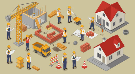 Home Construction Isometric Concept &ndash; Team of Builders and Engineers at Work