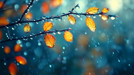 Delicate water drops clinging to autumn leaves in the forest