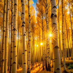 Golden sunbeams through autumn aspen trees golden light