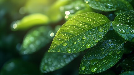 Dewy green leaves with cascading raindrops