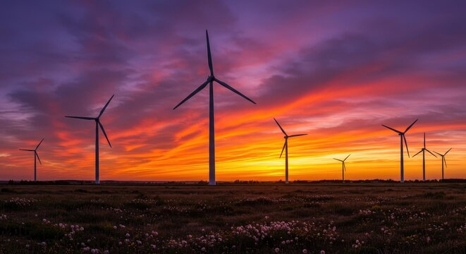 Clean Energy Wind Farm with Vibrant Evening Sky - Powered by Adobe