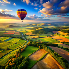 Hot air balloon over rolling green hills at sunrise
